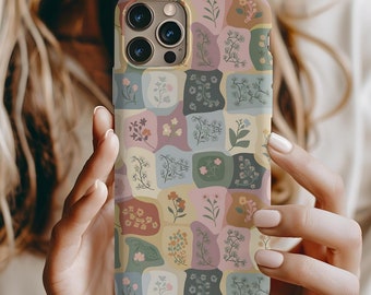 Retro Floral Patchwork Phone Case | Pastel Botanical Tile Pattern Cover | Vintage Boho Protective Case, iPhone, Samsung Galaxy, Google Pixel