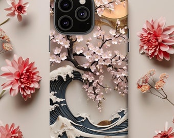 Japanese Cherry Blossom Phone Case: Artistic Wave Design