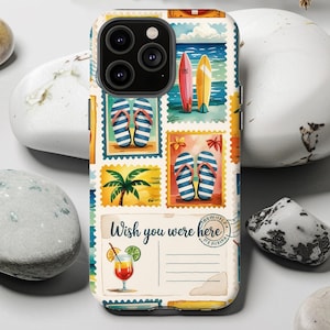 Étui de plage pour téléphone - carte postale vintage, design de voyage, esthétique estivale pour iPhone, Samsung Galaxy, étui Google Pixel avec tongs et planches de surf