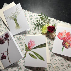 Ensemble de 4 cartes saisonnières, 5 x 7" - HIVER. D'après mes peintures originales d'un hellébore, de l'amaryllis, des perce-neige et un rhododendron.