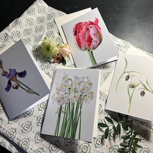 Ensemble de 4 cartes saisonnières, 5 x 7" - PRINTEMPS. D'après mes peintures originales de narcisses, d'iris, de fritillaires et de tulipe.