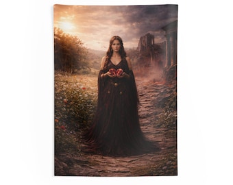Persephone Wall Tapestry, Greek Goddess Decor, Dark Feminine Wall Art, Mythology Wall Hanging, Gothic Aesthetic Decor, Floral Fantasy Decor