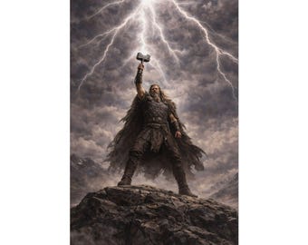 Norse God Thor Poster, Mythology Wall Art, God of Thunder Decor, Viking Wall Art, Hammer of Thor Art Print, Fantasy Bedroom Decor