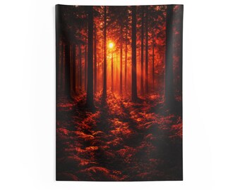 Fiery Forest Tapestry Sunset Woods Wall Art Nature Landscape Decor Glowing Forest Wall Hanging Cinematic Nature Art Rustic Woodland Decor