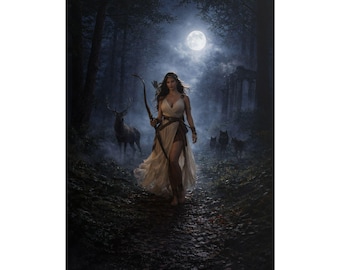 Greek Goddess Artemis Poster, Mythology Wall Art, Huntress Goddess Decor, Moon Goddess Art Print, Nature Fantasy Wall Art, Bedroom Decor