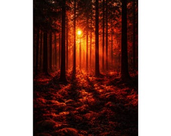Fiery Forest Poster, Sunset Forest Wall Art, Red Woodland Nature Print, Dramatic Tree Landscape Decor, Glowing Forest Artwork