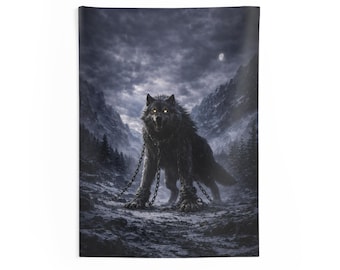 Fenrir Norse Wolf Tapestry Viking Wall Art Mythology Decor Cinematic Fantasy Wall Hanging Dark Wolf Nordic Home Decor Odin Ragnarok Art
