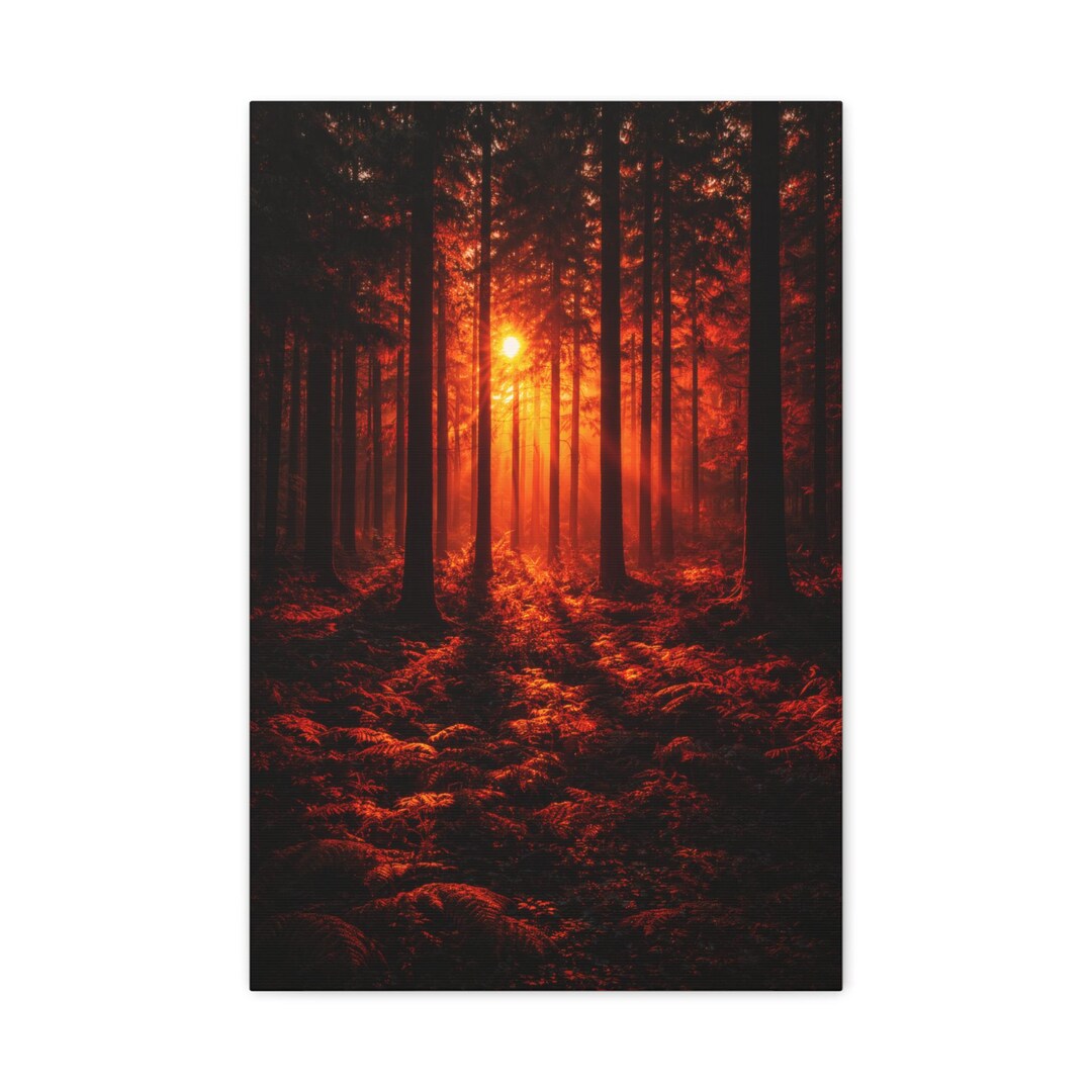 Fiery Forest Canvas Wall Art | Dramatic Sunset Woodland Landscape Decor ...