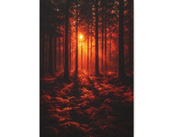 Fiery Forest Canvas Wall Art | Dramatic Sunset Woodland Landscape Decor