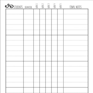 May include: A black and white printable student behavior chart with columns for "Students", "Behavior", "Week 1", "Week 2", "Week 3", "Week 4", "Week 5", and "Final Notes".