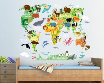 Animal World Map Decal, Peel and Stick Map Decal, World Map Wall Mural, Children World Map Sticker, Nursery Wall Decal, Nursery Map Sticker