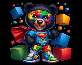 Cute bear with puzzle, autism bear, stylish bear, vibrant, png, jpg, svg, sublimation, transparent