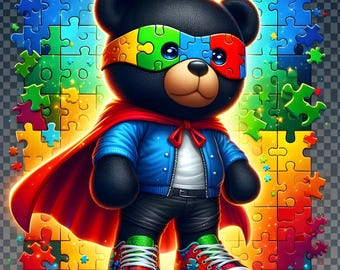 Autism Bear, puzzle bear, autism awareness, autism, bear, puzzle, transparent background, sublimation