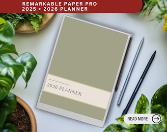 May include: A digital planner with a sage green cover and the text "2026 PLANNER" in a cream-colored banner. Two styluses, one silver and one black, are placed next to the planner. The top banner reads "REMARKABLE PAPER PRO 2025 + 2026 PLANNER".
