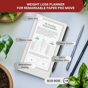 Puede incluir: Un planificador digital de pérdida de peso para el Remarkable Paper Pro Move. La pantalla muestra "My Starting Measurements" con secciones para Keto Diet, Fitness Goals, Calorie Tracker, Intermittent Fasting y MWFS Workout Ideas. Dos lápices ópticos están junto a la tableta.
