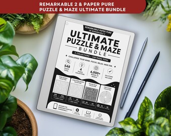 May include: A digital tablet displaying the Ultimate Puzzle & Maze Bundle for Remarkable 2 and Paper Pro, featuring 548 pages, 4 collections, 6,000+ words, and solutions. Two stylus pens are positioned next to the tablet on a white surface.