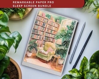 Peut inclure: Une tablette numérique affichant une illustration à l'aquarelle d'une bibliothèque confortable, avec un fauteuil vert, des étagères et des plantes en pot. Deux stylets sont placés à côté de la tablette. Le texte "REMARKABLE PAPER PRO SLEEP SCREEN BUNDLE" est en haut.