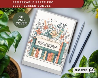 Peut inclure: Une tablette numérique avec un design floral sur le thème des livres. L'écran affiche un livre ouvert avec les mots "BOOK WORM" et une collection de fleurs et de livres colorés. Deux stylets sont placés à côté de la tablette. Le texte "READ MORE" est visible.