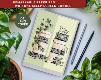May include: A digital tablet displays a two-tone sleep screen bundle with an illustration of stacked books and climbing vines. The tablet is accompanied by two styluses. The top banner reads "Remarkable Paper Pro Two-Tone Sleep Screen Bundle."