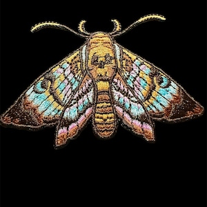 May include: Embroidered moth patch with a detailed design. The moth features a skull-like pattern on its head and wings in shades of brown, gold, blue, and pink. The patch is set against a black background.