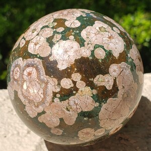 2.5" Green Flower Agate Chalcedony Crystal Sphere Orb Ball, 321g or 11.3 oz