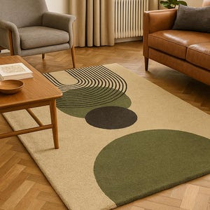 Handgetufteter Wollteppich - Modernes Grün-Schwarzes Abstraktes Kreisdesign