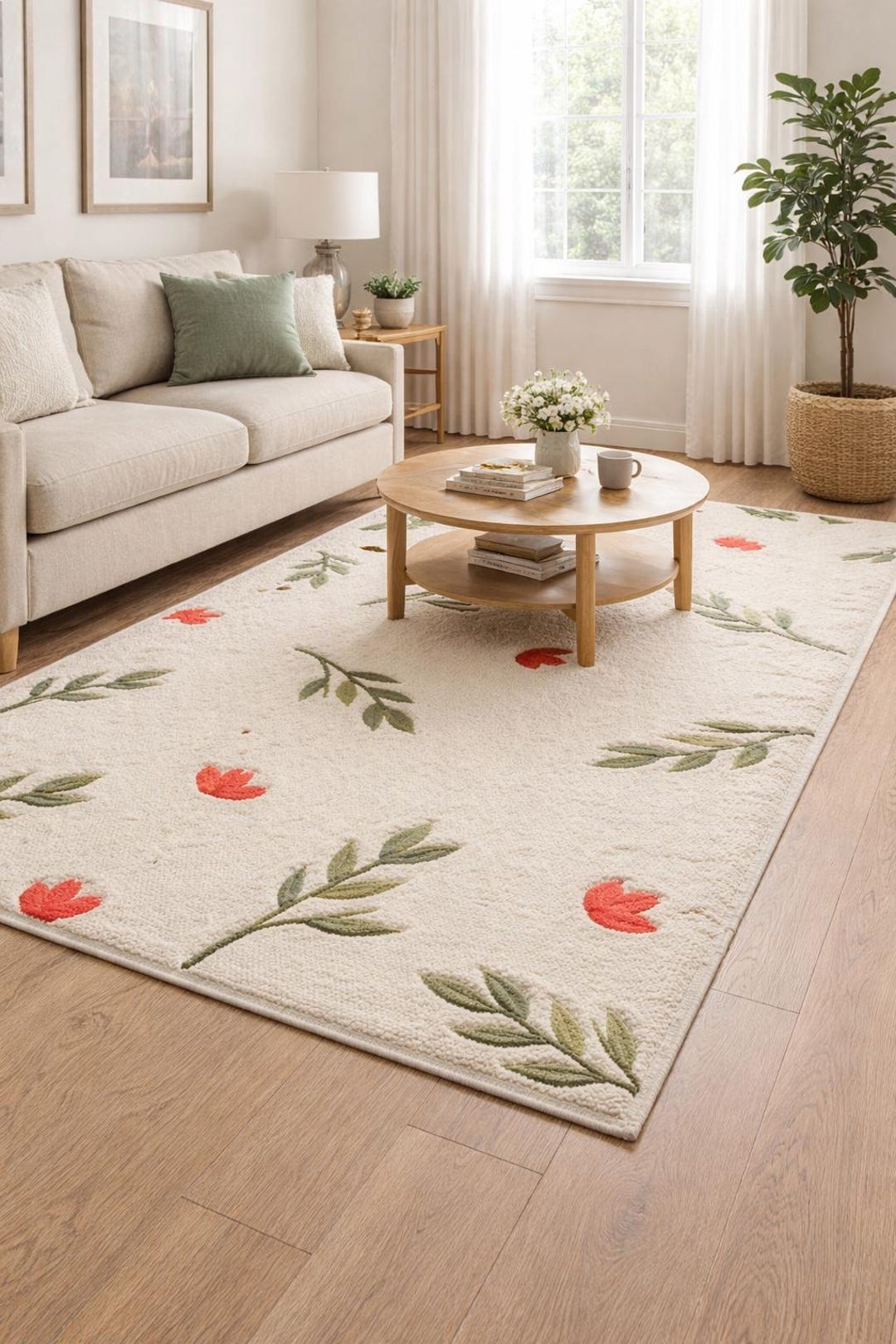 Hand Tufted Wool Floral Rug, Cream Botanical Area Rug, Modern Living ...