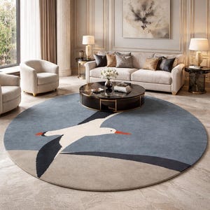 Hand-Tufted Round Rug with Seagull Design – Modern Coastal Living Room Accent