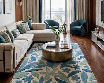Hand-Tufted Modern Rug – Blue & White Geometric Design | Luxury Living Room Carpet