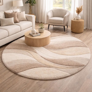 Alfombra redonda de lana tejida a mano – Diseño de ondas abstractas beige