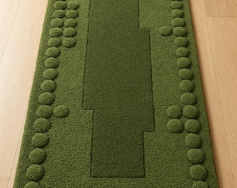 Hand Tufted Moss Green Runner Rug: Modern Geometric Texture