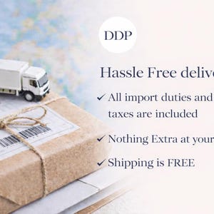 May include: A miniature white delivery truck sits atop a wrapped package tied with twine. The text reads "Hassle Free delivery" with bullet points indicating all import duties and taxes are included, nothing extra at your door, and free shipping.