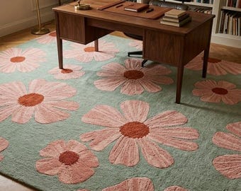 Tappeto floreale trapuntato a mano / Fiori rosa pastello su sfondo verde salvia / Tappeto moderno per soggiorno