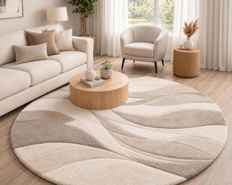 Handgetuft wollen rond vloerkleed, beige ivoor abstracte golf, modern neutraal tapijt