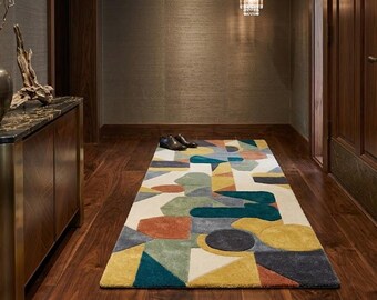Hand Tufted Wool Runner Rug, Abstract Geometric Hallway Carpet, Scandinavian Style Home Decor