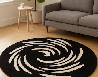 Modern zwart-wit spiraalvormig rond vloerkleed – handgetuft aangepast vloerkleed