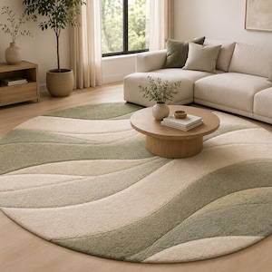 Handmade Wool Round Rug – Sage Green Abstract Carpet, Japandi Modern Decor