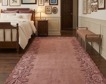 Dusty Rose Sculpted Floral Rug - Hand-Carved 3D Rose Scalloped Edge Runner