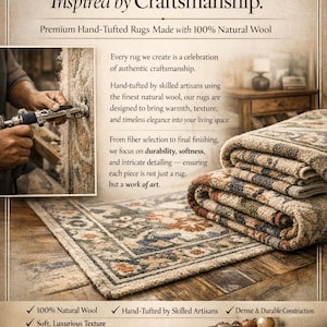 May include: Image of hand-tufted rugs made with 100% natural wool. The rugs feature intricate designs and are displayed on a wooden surface. The image includes text that reads "Crafted in Wool. Defined by Quality. Inspired by Craftsmanship."