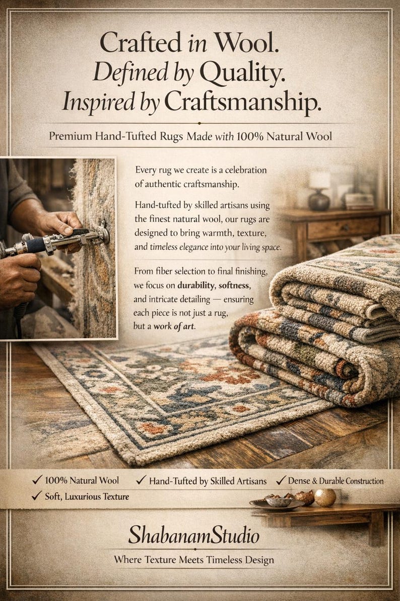 May include: Image of hand-tufted rugs made with 100% natural wool. The rugs feature intricate designs and are displayed on a wooden surface. The image includes text that reads "Crafted in Wool. Defined by Quality. Inspired by Craftsmanship."