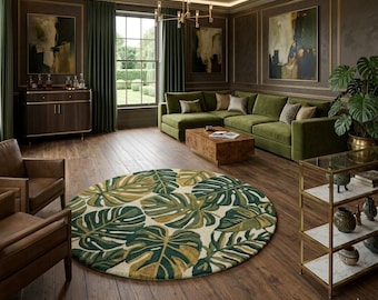 Monstera Leaf Round Wool Rug – Hand-Tufted Botanical Area Rug, Sage Green Tropical Decor