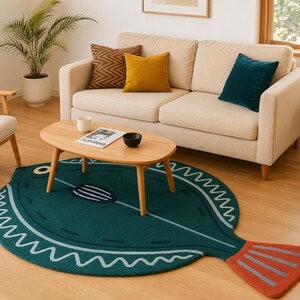 Pode incluir: Um tapete grande verde-escuro em forma de peixe plano, apresentando um contorno branco estilizado de barbatanas e escamas, um olho oval azul-escuro e uma cauda laranja proeminente com riscas azul-claras, sobre um chão de madeira clara.
