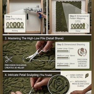 May include: An instructional graphic detailing the creation of a sculpted botanical rug. The process includes loop-pile tufting, pattern mapping, dimensional shearing, and hand-carving. The color palette features deep olive and moss greens.