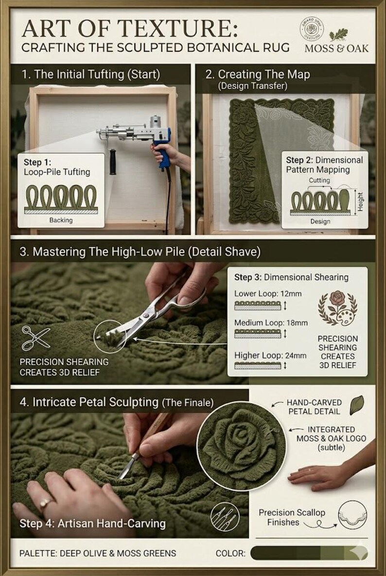 May include: An instructional graphic detailing the creation of a sculpted botanical rug. The process includes loop-pile tufting, pattern mapping, dimensional shearing, and hand-carving. The color palette features deep olive and moss greens.