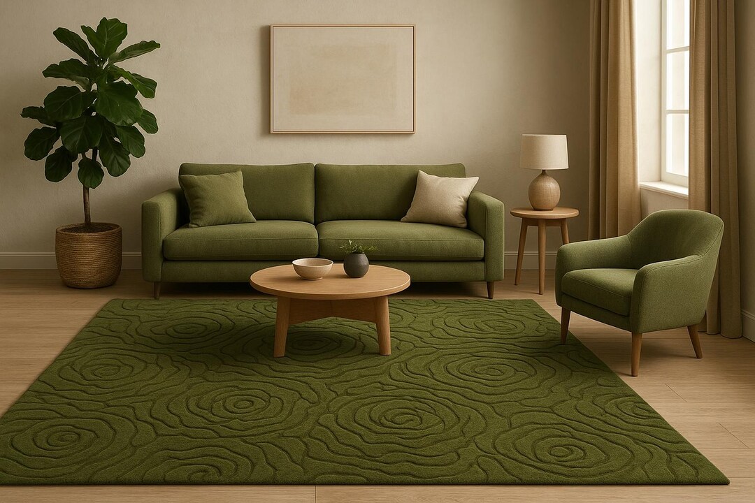 Green Roses Rug Hand-tufted Moss Green Rug – Modern Rose Embossed Pattern | Soft Wool ...