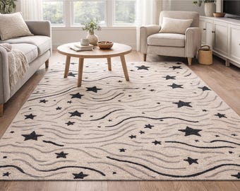 Hand-Tufted Star Pattern Rug – Modern Cosmic Design, Black & White