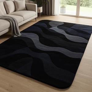 Hand Tufted Wool Rug: Blue and Gray Abstract Wave Design