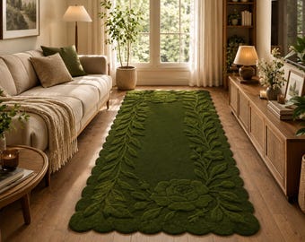 Green Floral Hand Tufted Wool Runner Rug | Botanical Scalloped Edge Carpet