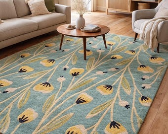Hand-Tufted Floral Rug | Teal Botanical Area Rug | Modern Tufted Carpet