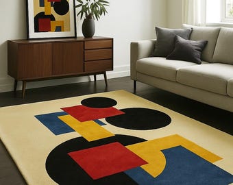 Alfombra tejida a mano de mezcla de lana / Diseño geométrico Bauhaus moderno